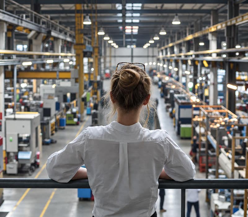 visiativ, une manager regarde une usine