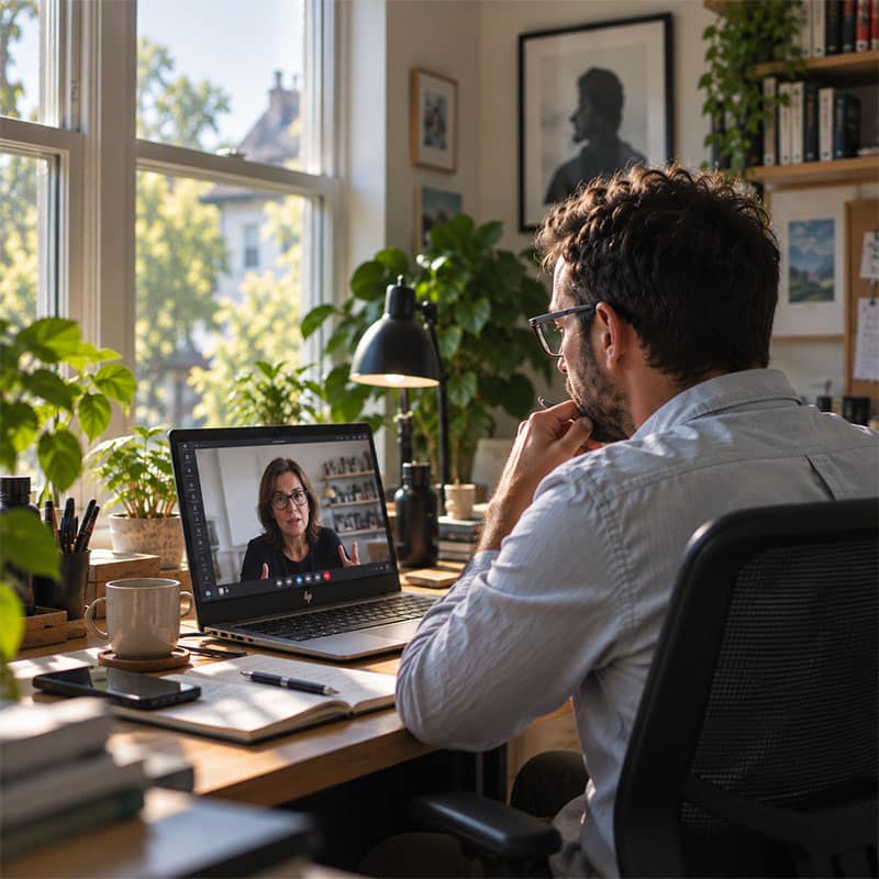 CFE-CGC, un homme en télétravail est en visioconférence